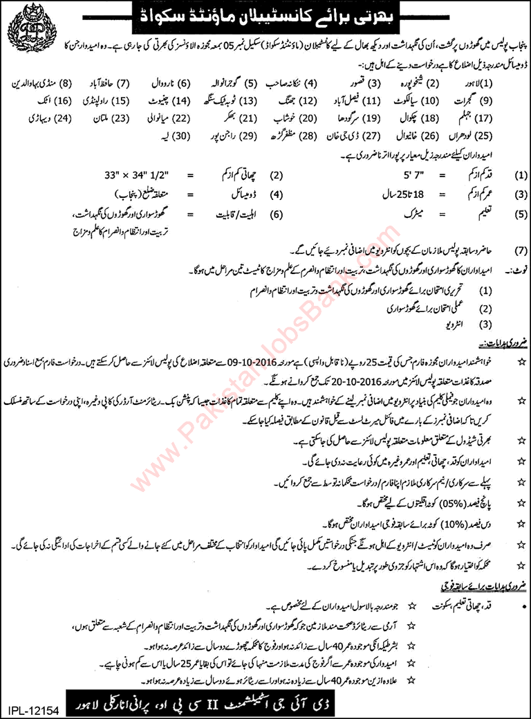Punjab Police Constable Jobs October 2016 Mounted Squad Latest Advertisement