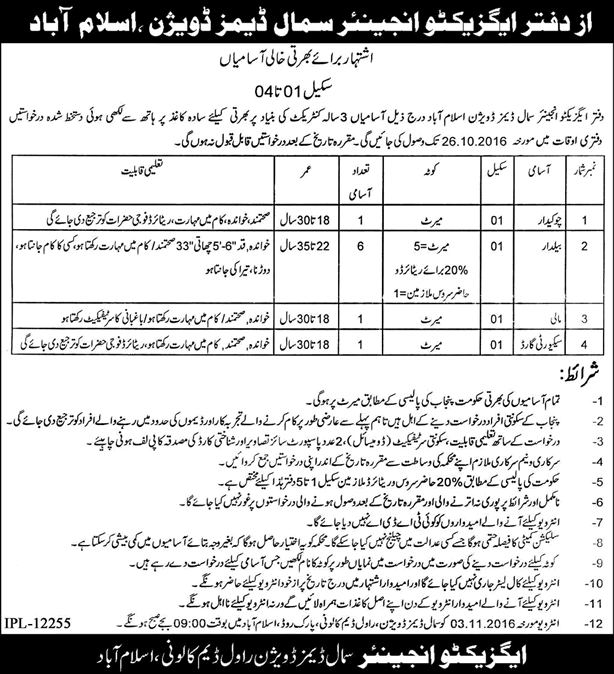 Small Dams Division Islamabad Jobs October 2016 Baildar, Security Guard, Chowkidar & Mali Latest