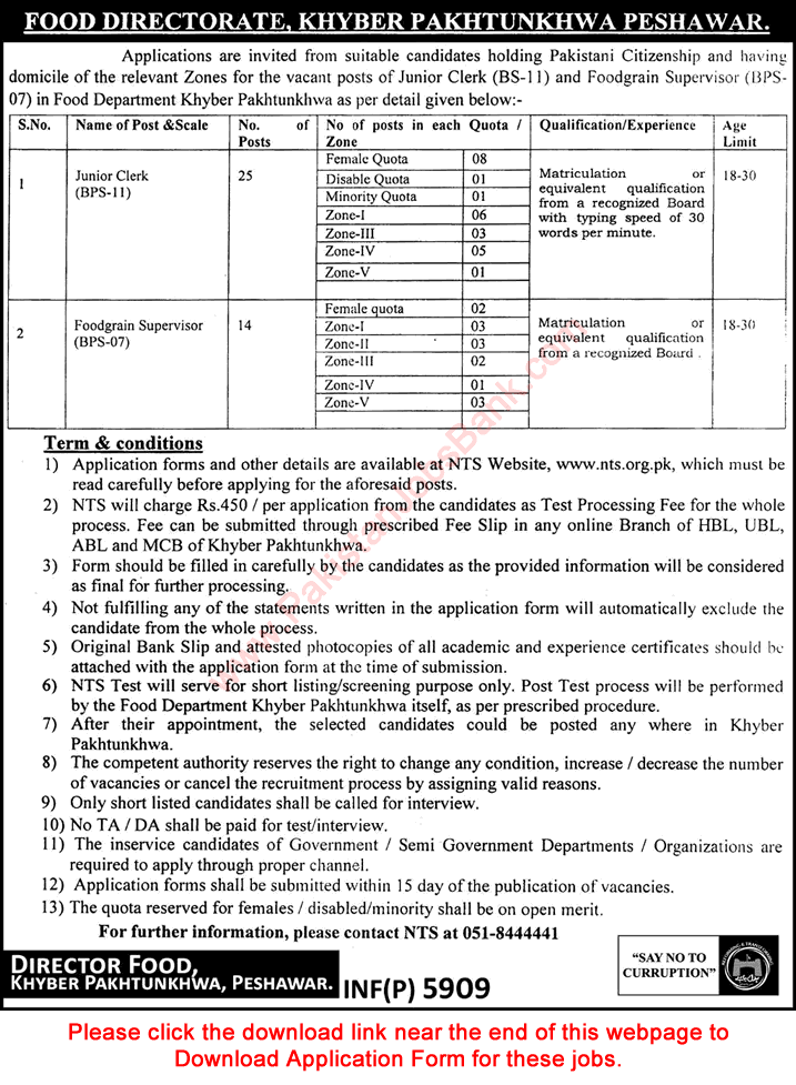 Food Department KPK Jobs 2016 October NTS Application Form Clerks & Foodgrain Supervisors Latest