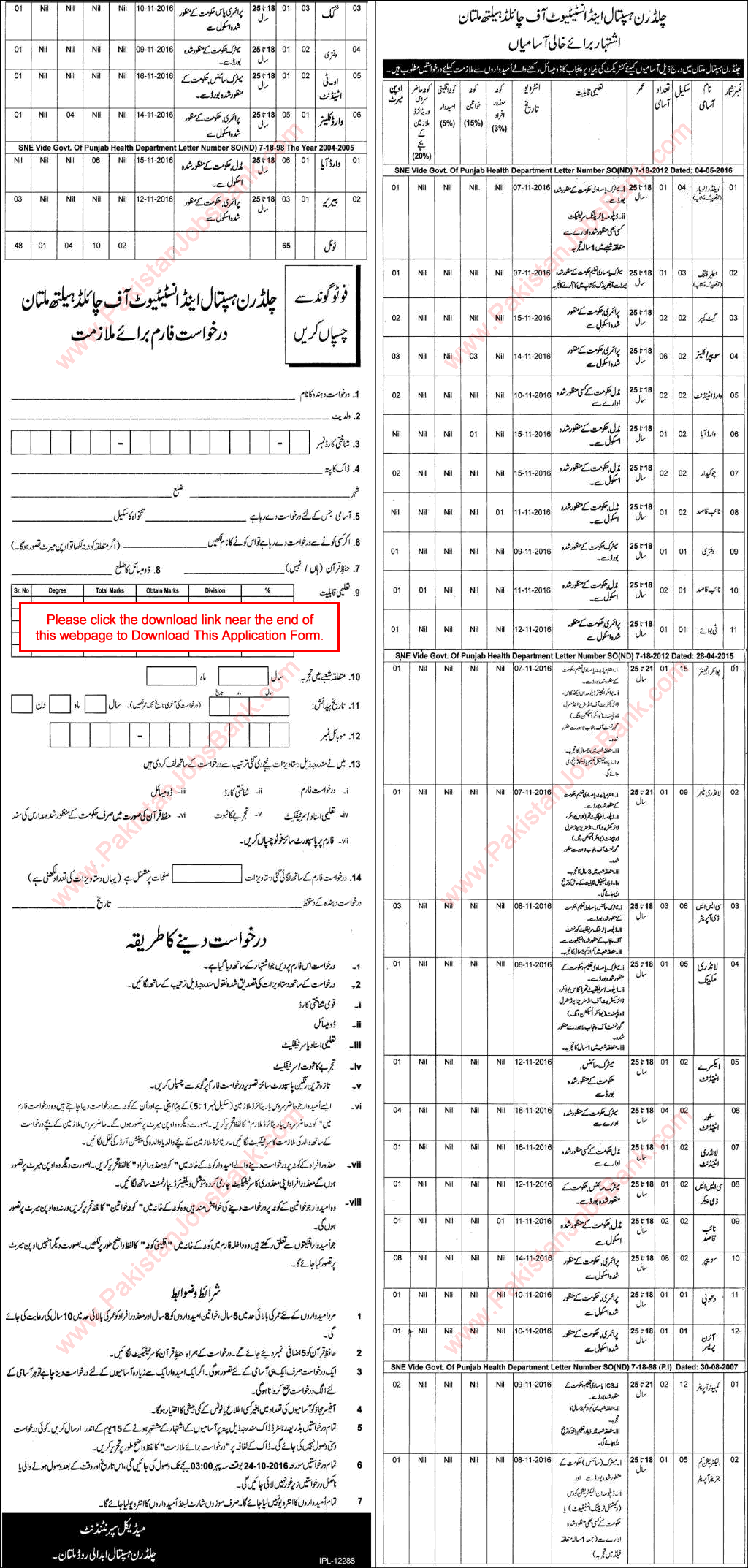 Children's Hospital Multan Jobs October 2016 CHICH Application Form Download Latest / New