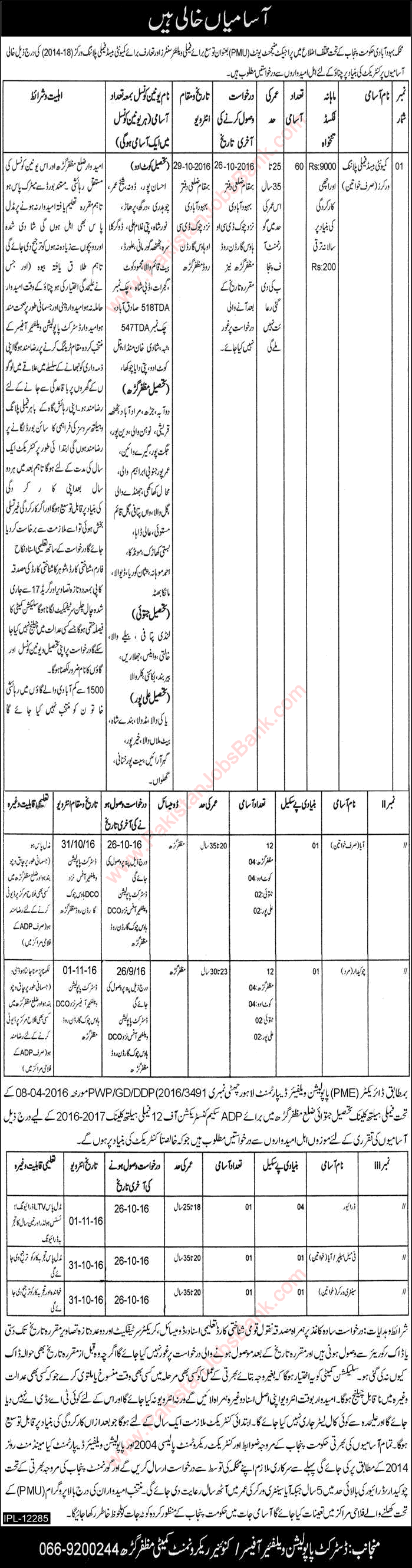 Population Welfare Department Muzaffargarh Jobs October 2016 Family Planning Workers & Others Latest