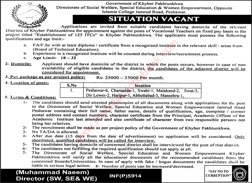 Vocational Teacher Jobs in Social Welfare Department KPK October 2016 Special Education & Women Empowerment Latest