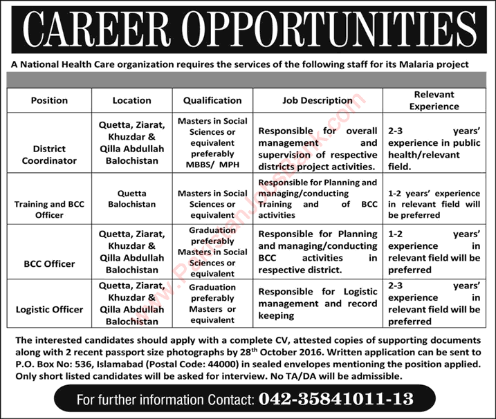 PO Box 536 Islamabad Jobs 2016 October National Healthcare Organization NGO Latest Advertisement