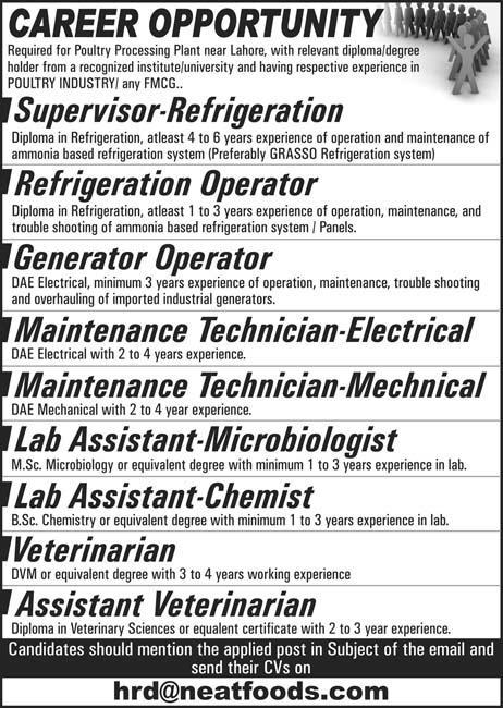 Neat Foods Pvt Ltd Lahore Jobs 2016 October Maintenance Technicians, Lab Assistants & Others Latest