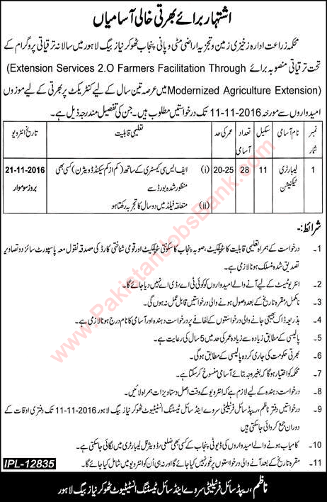 Laboratory Technician Jobs in Agriculture Department Punjab October 2016 Soil & Water Testing Laboratories Latest