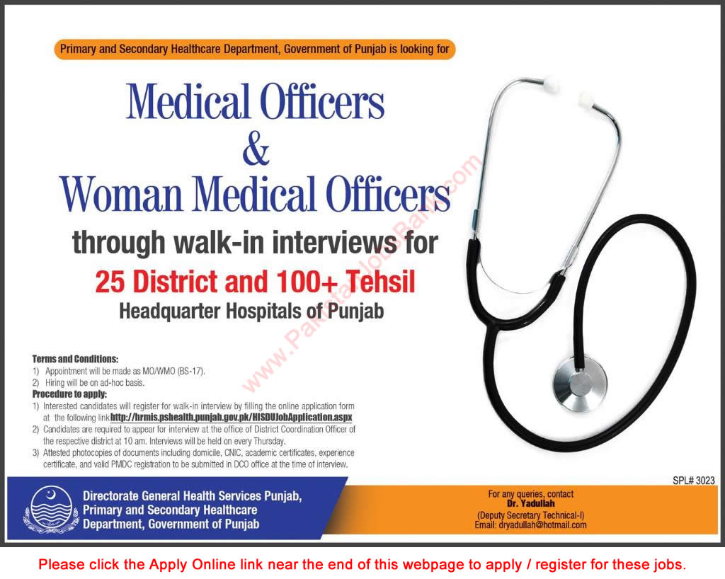 Medical Officer Jobs in Primary and Secondary Healthcare Department Punjab November 2016 Walk in Interviews Latest