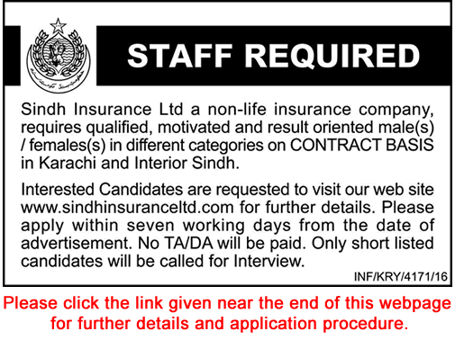 Sindh Insurance Limited Jobs 2016 November Claim Officers, Surveyors, Call Center Staff & Others Latest