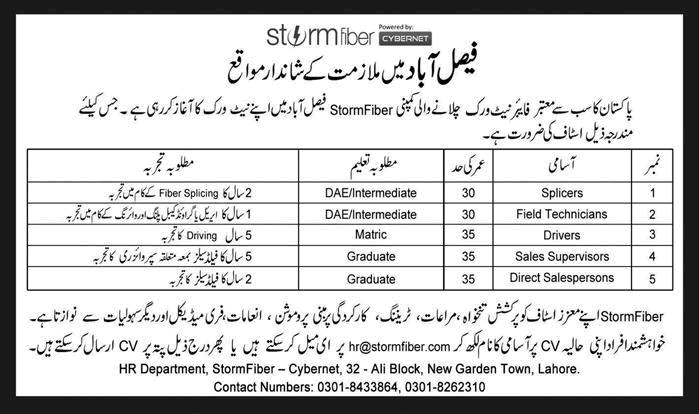 Storm Fiber Faisalabad Jobs 2016 November Field Technicians, Sales Supervisors & Others Latest