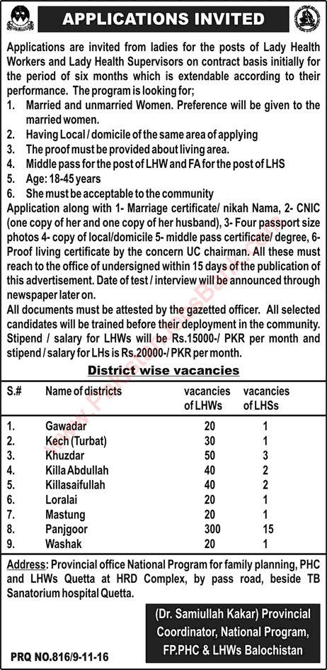 National Program for Family Planning Balochistan Jobs 2016 November Lady Health Visitors & Supervisor Latest