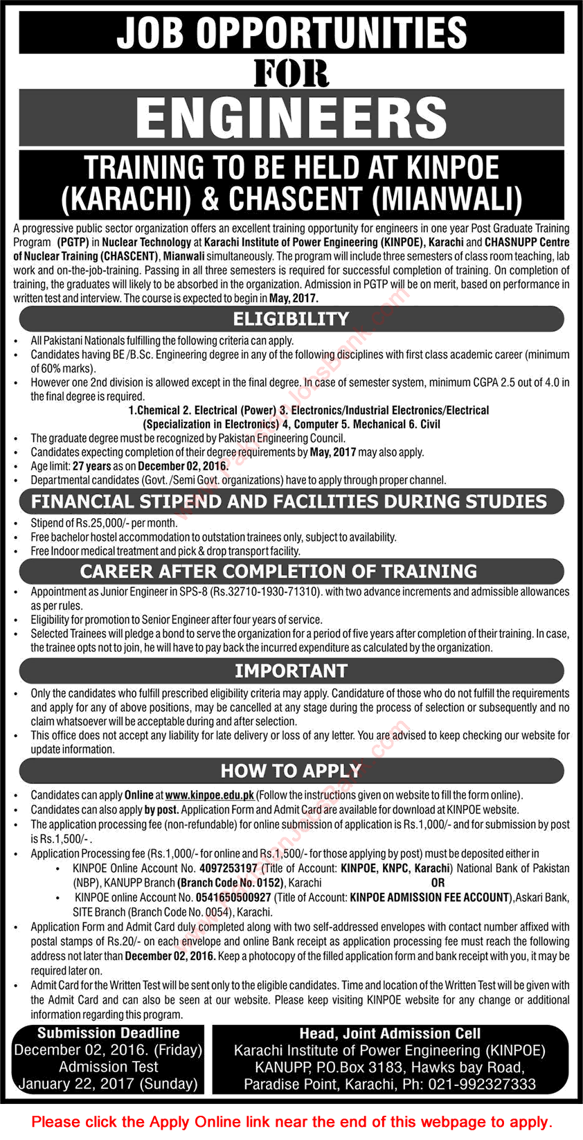 KINPOE & CHASCENT Postgraduate Training Program November 2016 Engineers in PAEC Apply Online Latest