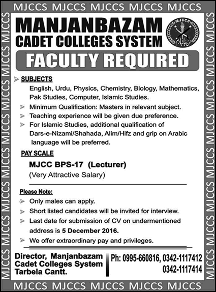 Lecturer Jobs in Man Janbazam Cadet College Ghazi Barotha November 2016 MJCC Latest