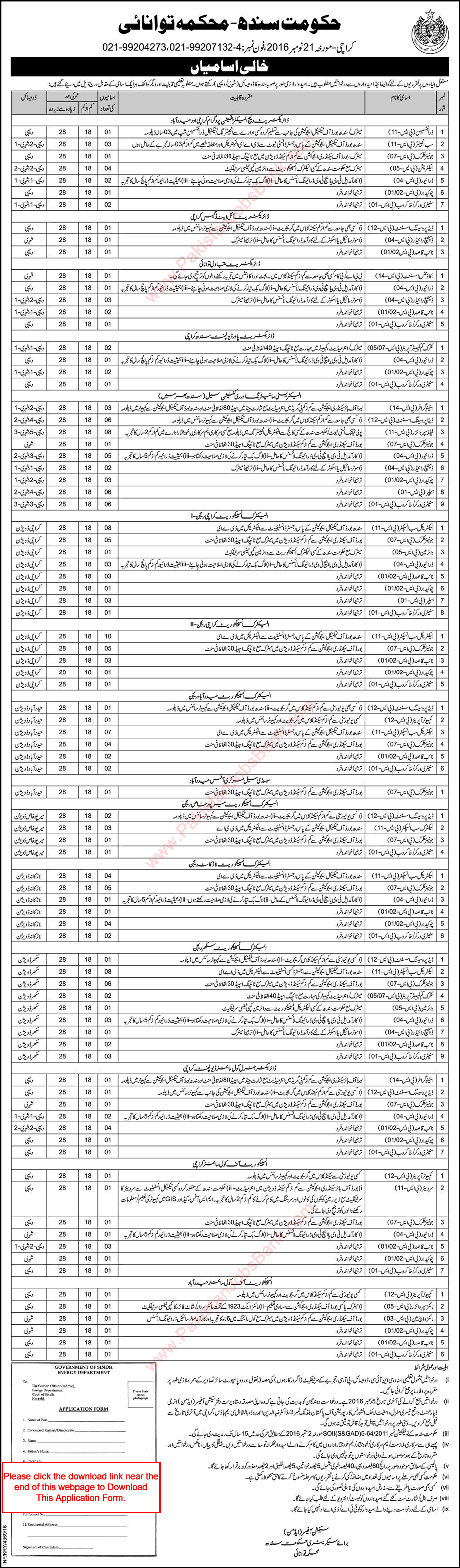Energy Department Sindh Jobs 2016 November Application Form Sub Inspectors, Clerks, Naib Qasid & Others Latest
