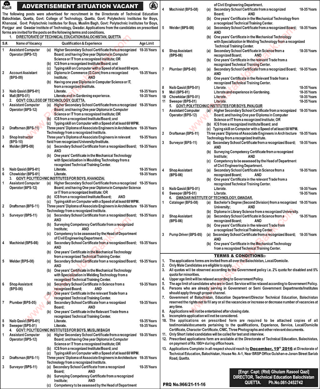 Directorate of Technical Education Balochistan Jobs 2016 November Computer Operators, Naib Qasid & Others Latest