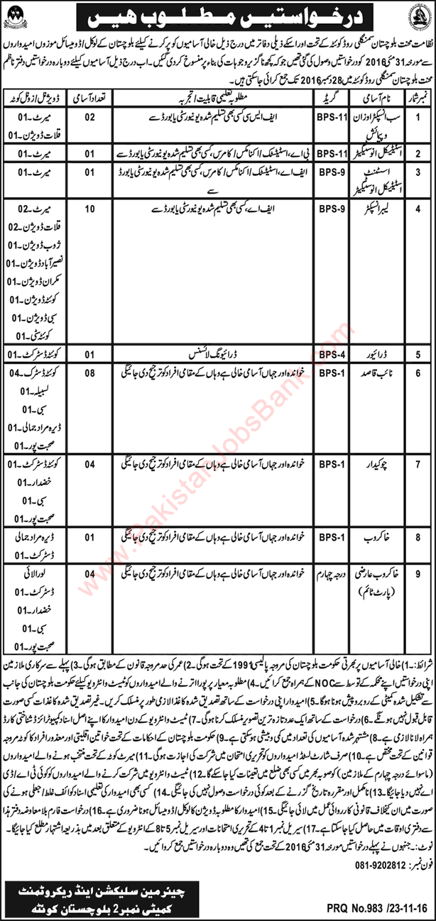 Labour Department Balochistan Jobs November 2016 December Labour Inspectors, Naib Qasid & Others Latest