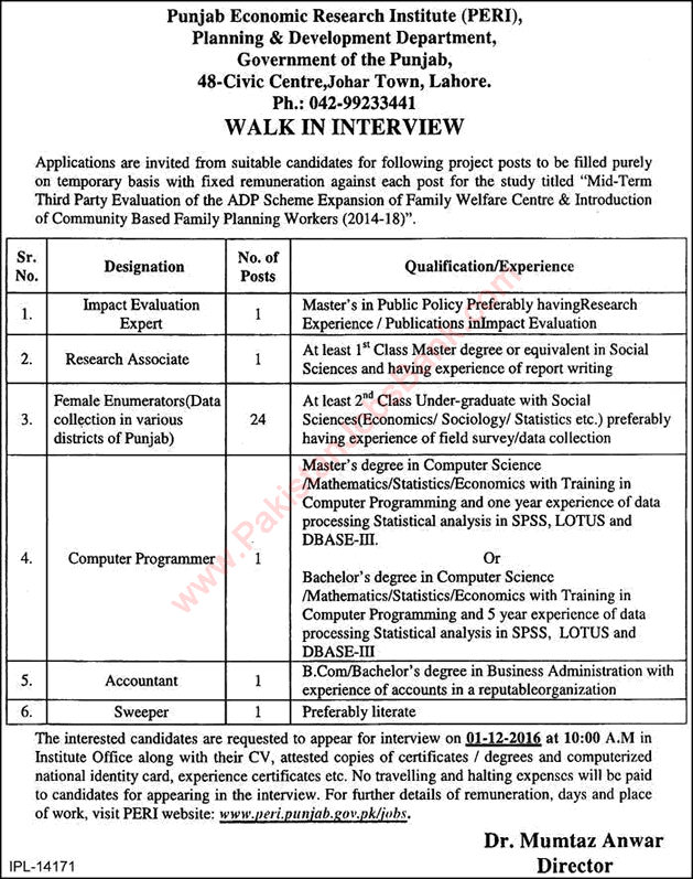 Punjab Economic Research Institute Jobs 2016 November / December Walk in Interviews PERI Latest