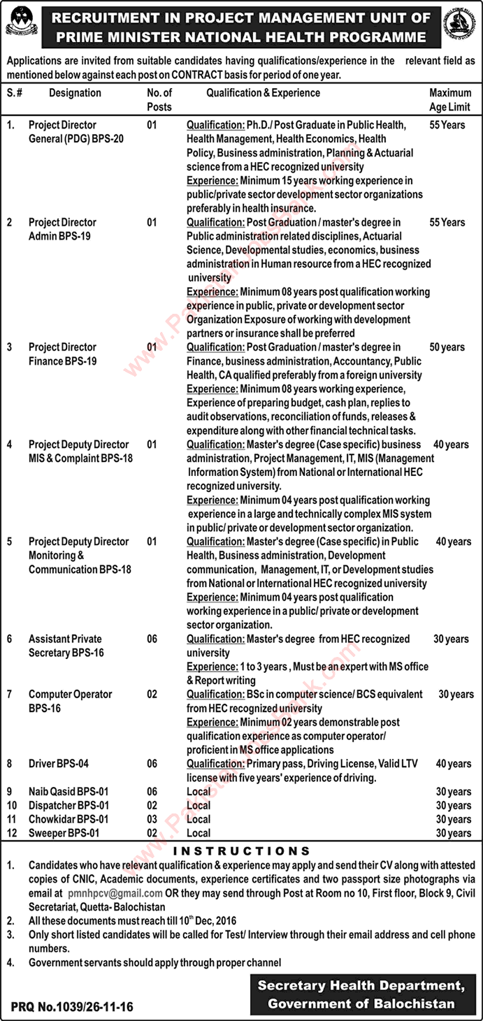 Health Department Balochistan Jobs November 2016 December Prime Minister National Health Programme Latest