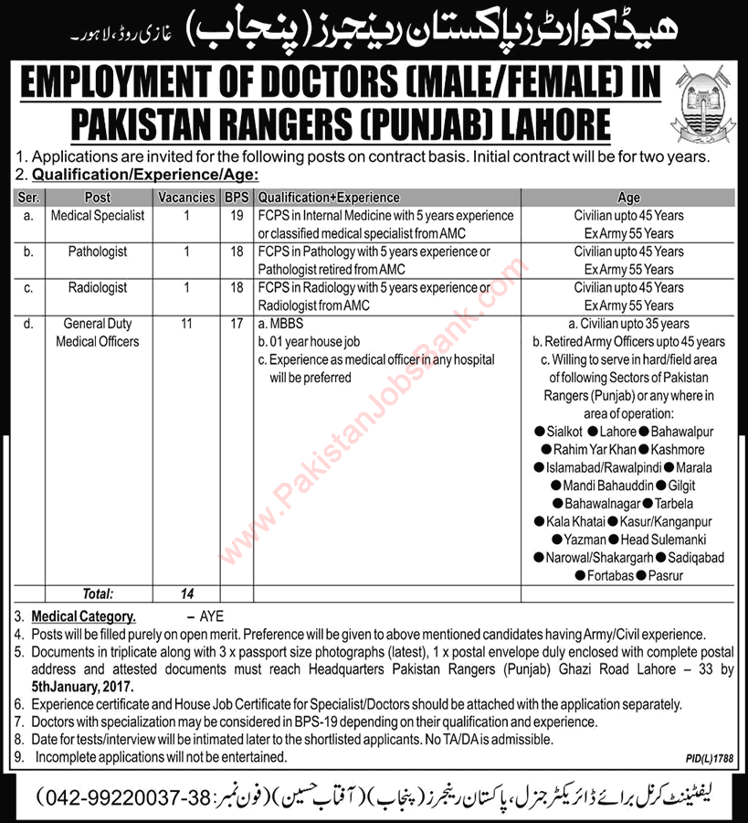 Pakistan Rangers Punjab Jobs December 2016 Medical Officers & Specialist Doctors Latest