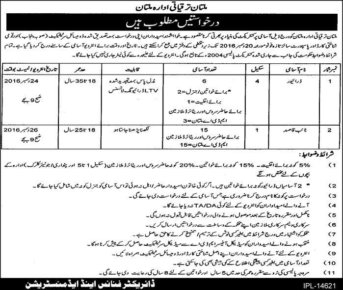 Multan Development Authority Jobs December 2016 Naib Qasid & Drivers Latest