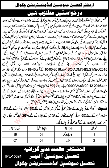 TMA Chakwal Jobs December 2016 Sanitary Workers & Loaders Tehsil Municipal Administration Latest