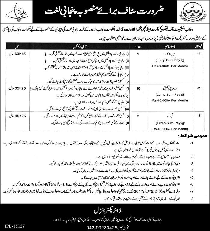 Punjab Institute of Language Art and Culture Lahore Jobs December 2016 Researchers & Others Latest