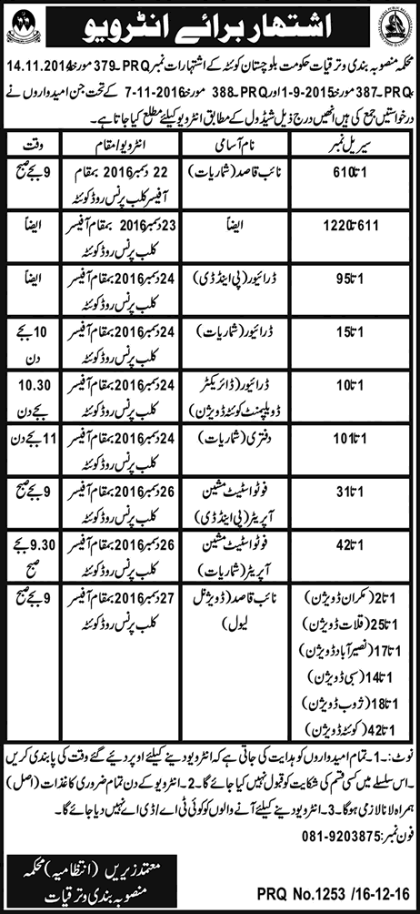 Planning and Development Department Balochistan Jobs 2016 December Interview Schedule Latest