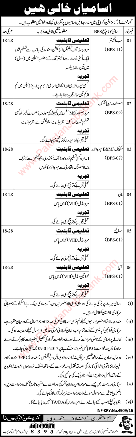 PO Box 825 Karachi Jobs 2016 December Government Organization Latest