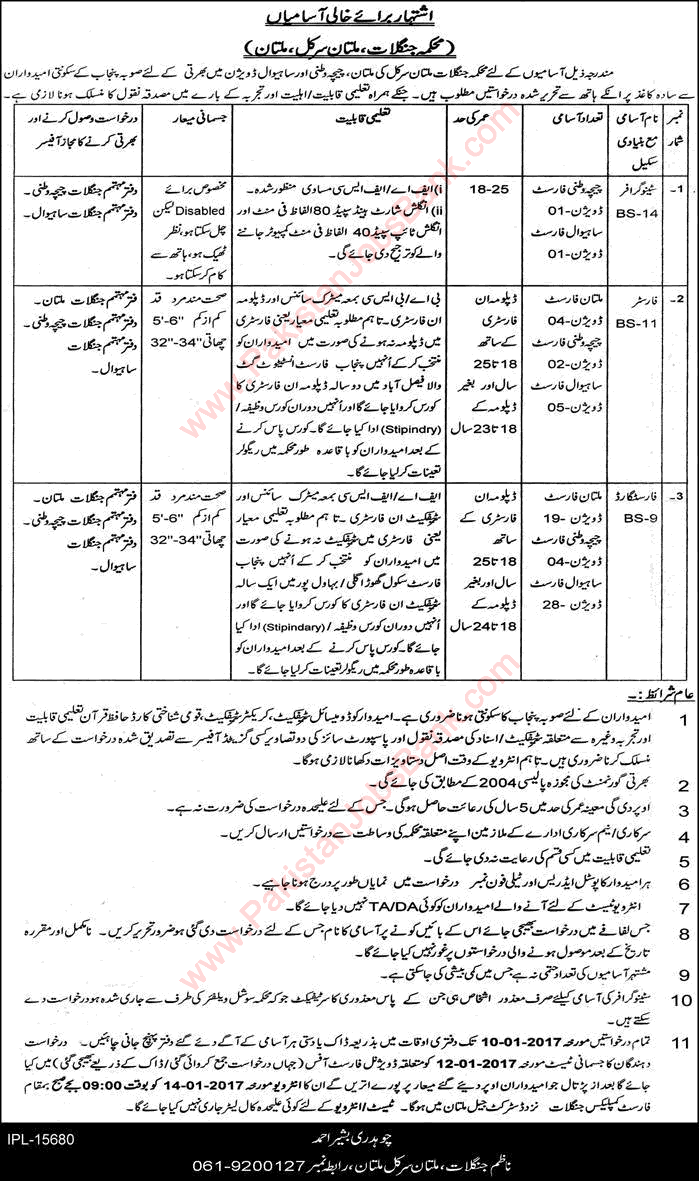 Forest Department Punjab Jobs December 2016 / 2017 Multan Circle Forest Guards, Foresters & Stenographers Latest