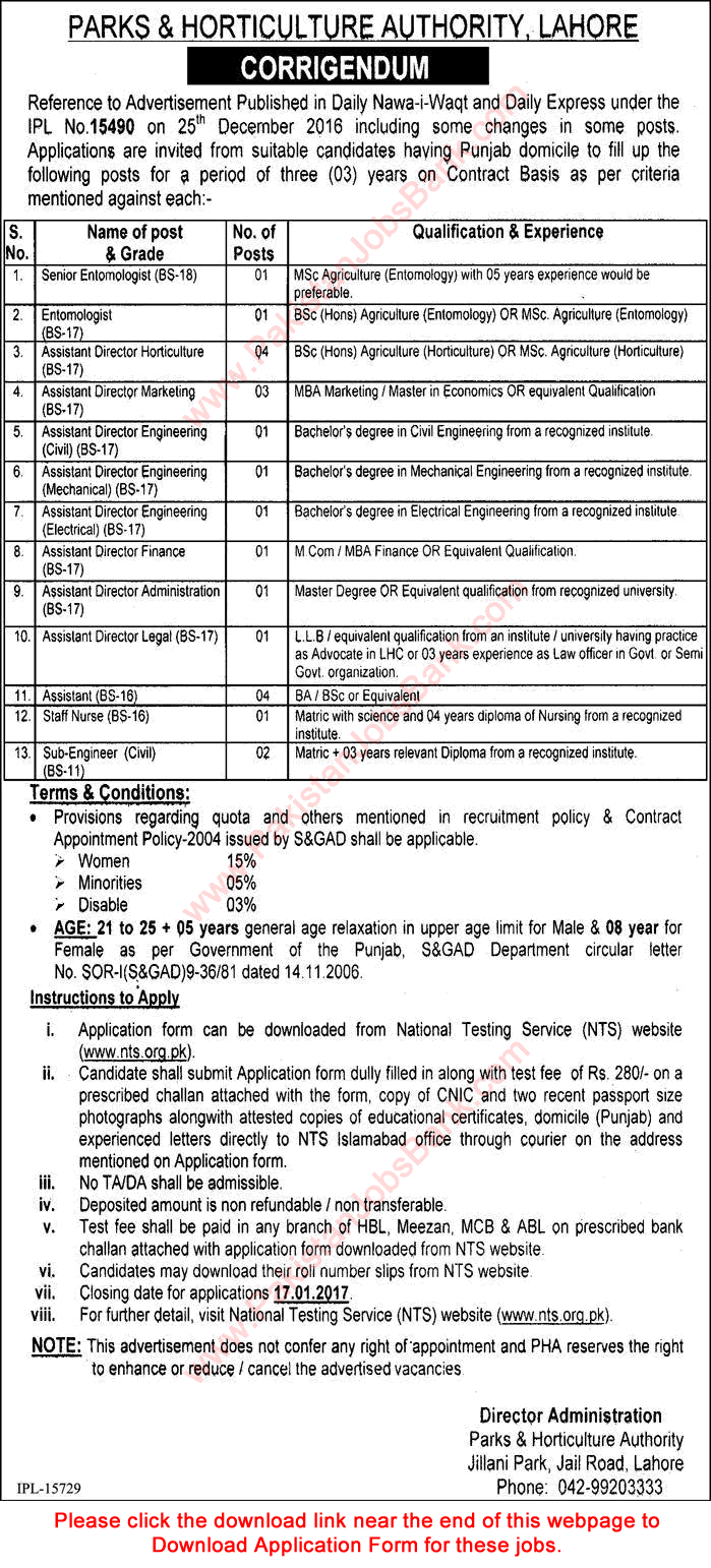 Parks and Horticulture Authority Lahore Jobs December 2016 / 2017 PHA NTS Application Form Latest