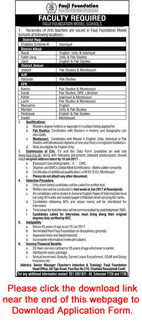 Fauji Foundation Model Schools Jobs 2017 Teachers & Librarian Application Form Download Latest