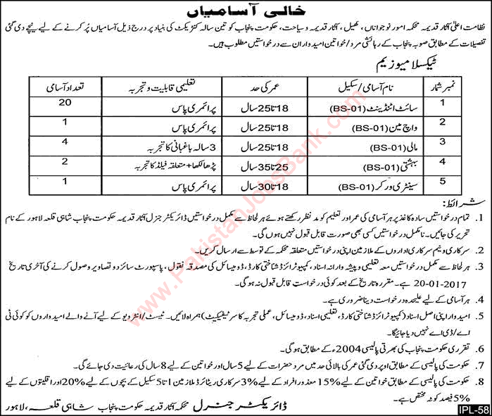 Archeology Department Punjab Jobs 2017 Site Attendants, Mali, Bahishti, Watchman & Sanitary Worker Latest