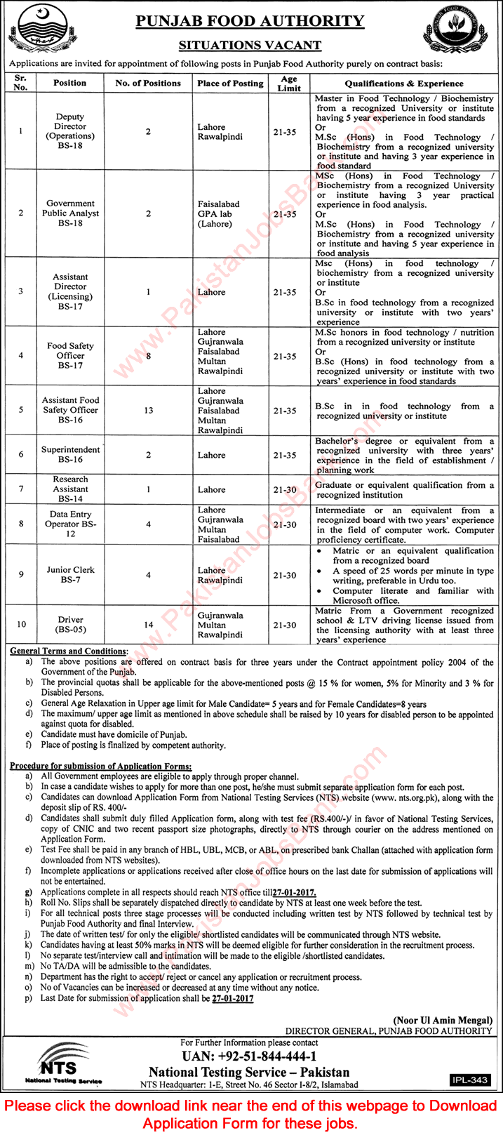 Punjab Food Authority Jobs 2017 NTS Application Form Food Safety Officers, DEO, Drivers & Others Latest