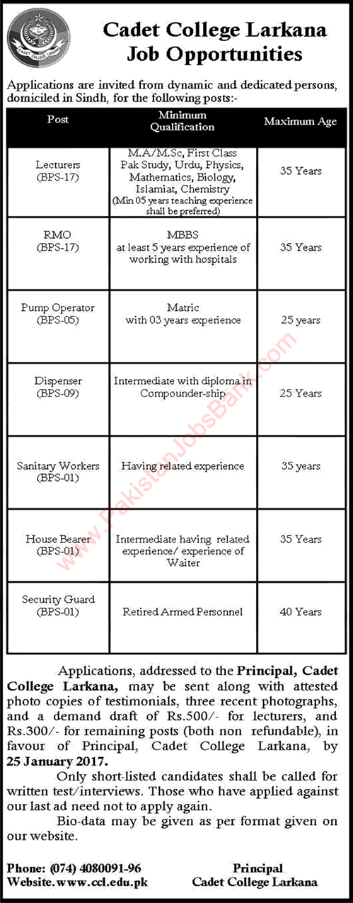 Cadet College Larkana Jobs 2017 Lecturers, Dispensers, RMO & Others Latest