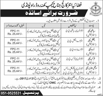 Teaching Jobs in Fazaia Inter College Rawalpindi 2017 Jinnah Camp Khanna Road Latest