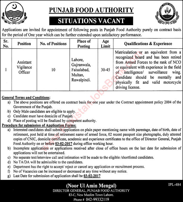 Assistant Vigilance Officer Jobs in Punjab Food Authority 2017 January Latest