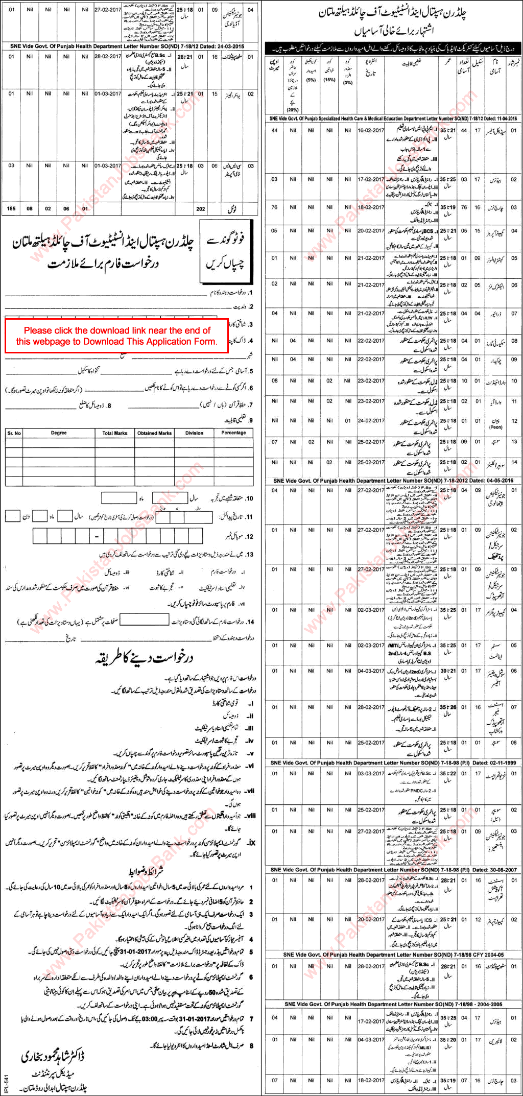 Children's Hospital Multan Jobs 2017 Application Form The Institute of Child Health CHICH Latest