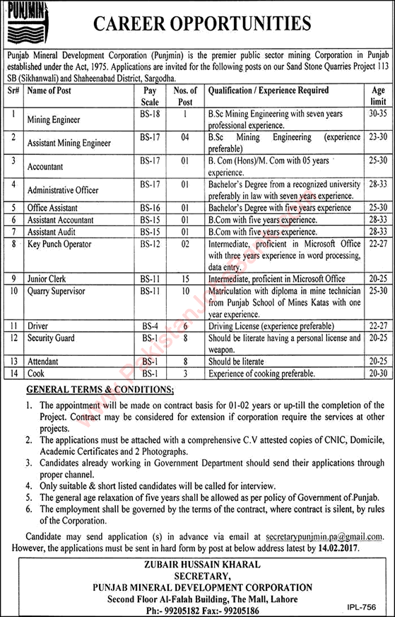 Punjab Mineral Development Corporation Jobs 2017 Clerks, Quarry Supervisors, Attendants & Others Latest