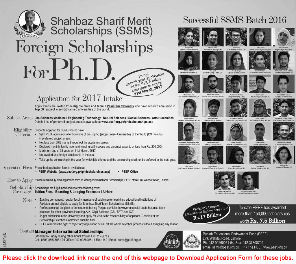 PEEF Shahbaz Sharif Merit Scholarship 2017 Application Form SSMS Foreign PhD Scholarships Latest