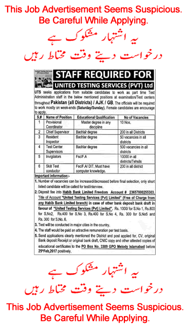 United Testing Services Jobs 2017 UTS Pakistan Invigilators, Test Center Supervisors & Others Latest