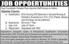 Staff Nurses Jobs in Fauji Foundation Hospital Rawalpindi 2017 January Latest