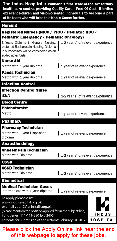 Indus Hospital Karachi Jobs 2017 Apply Online Nurses, Pharmacy Technicians & Others Latest