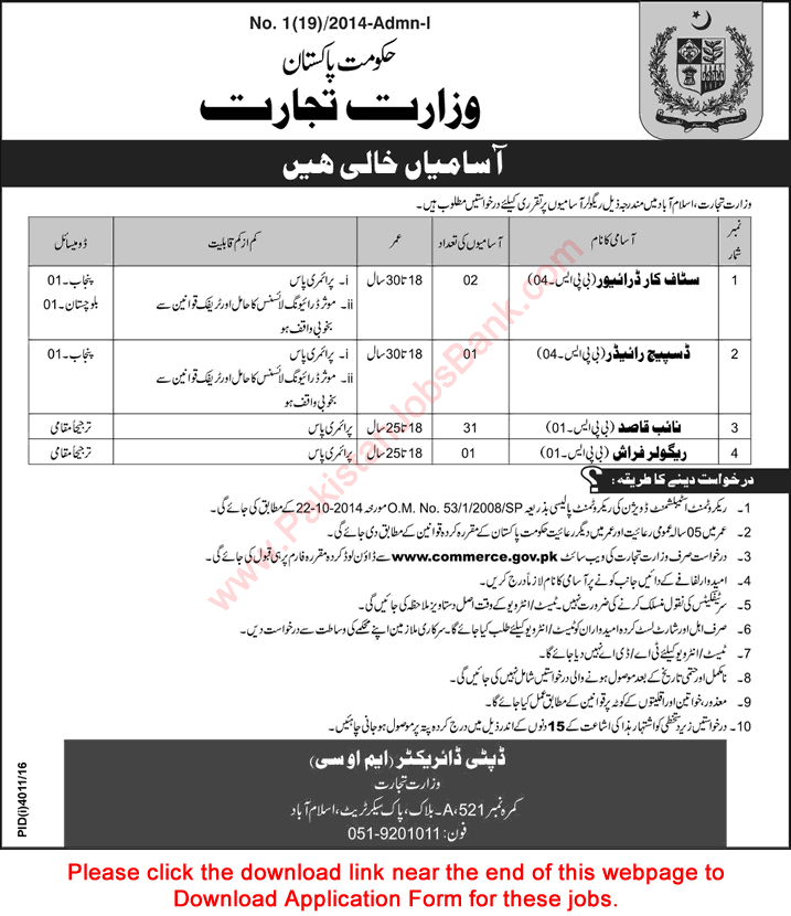 Ministry of Commerce Islamabad Jobs 2017 February Application Form Naib Qasid & Others Latest