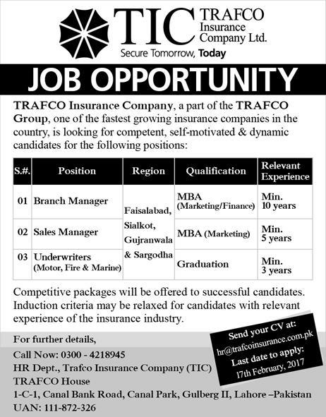 TRAFCO Insurance Company Pakistan Jobs 2017 February Sales / Branch Managers & Underwriters Latest
