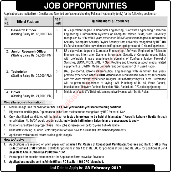PO Box 1361 GPO Islamabad Jobs 2017 February Research Officers, Technicians & Drivers Latest