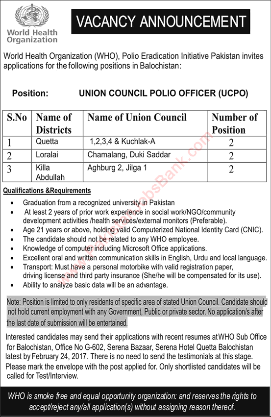 Union Council Polio Officer Jobs in WHO Balochistan 2017 February Polio Eradication Initiative Pakistan Latest