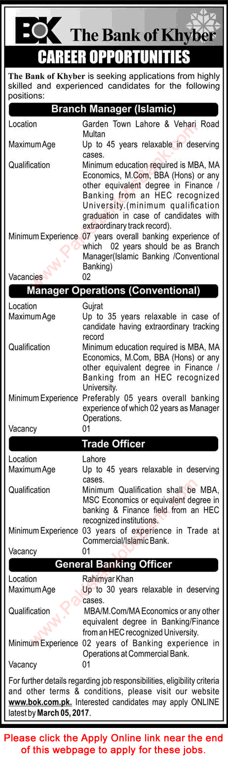 Bank of Khyber Jobs February 2017 Apply Online Branch / Operations Managers, GBO & Trade Officer Latest