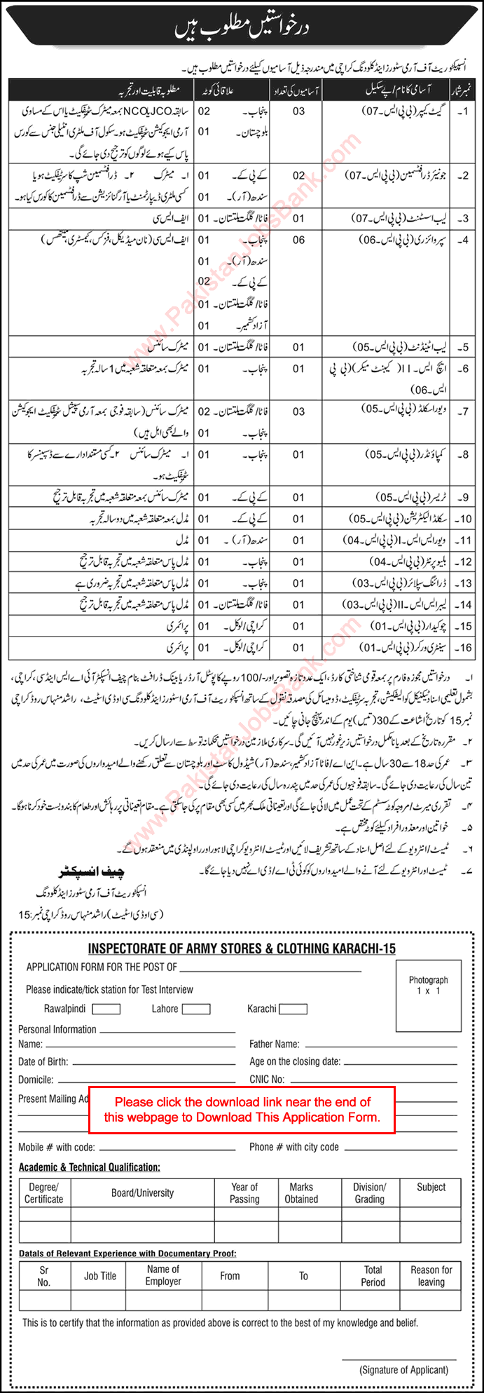 Inspectorate of Army Stores and Clothing Karachi Jobs 2017 February Application Form Download Latest