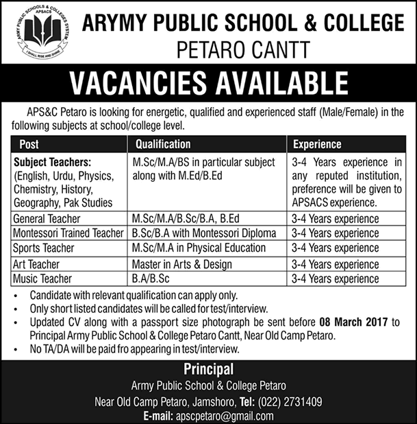 Army Public School and College Petaro Jobs 2017 February / March for Teachers APS&C Latest