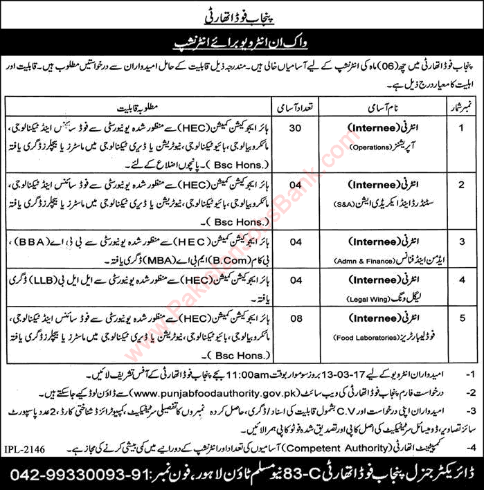 Internee Jobs in Punjab Food Authority 2017 March Walk in Interviews Internship PFA Latest