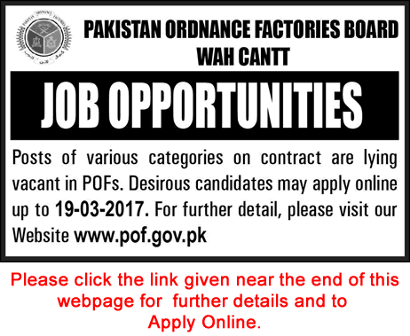 POF Wah Cantt Jobs 2017 March Apply Online Clerks & Fire Fighting Manager Pakistan Ordnance Factories Latest