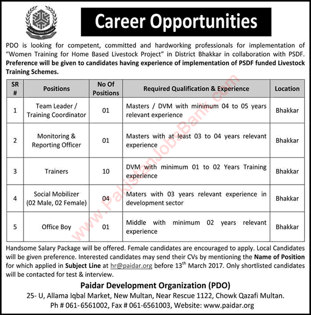 Paidar Development Organization Jobs 2017 March Bhakkar Trainers, Social Mobilizers & Others Latest